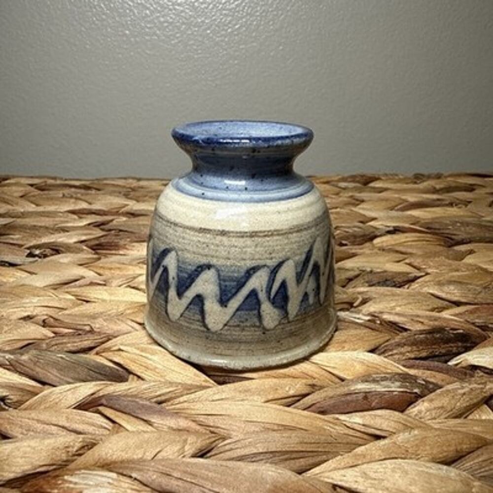 Vintage Studio Pottery Mini Bud Vase Blue Tan Glazed Stoneware 2.2” Handmade